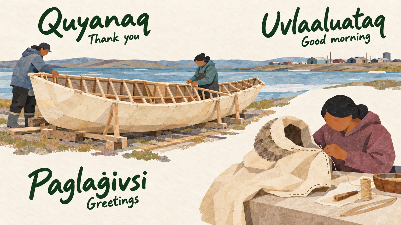 Representative North Slope Iñupiaq collage with fictional contemporary makers working on an open skin boat on supports and sewing a hooded parka, beside a coastal settlement.