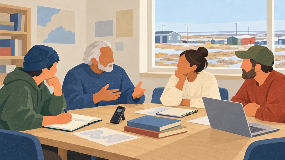 Four adults share a story and study materials around a table in a contemporary Iñupiaq learning room.
