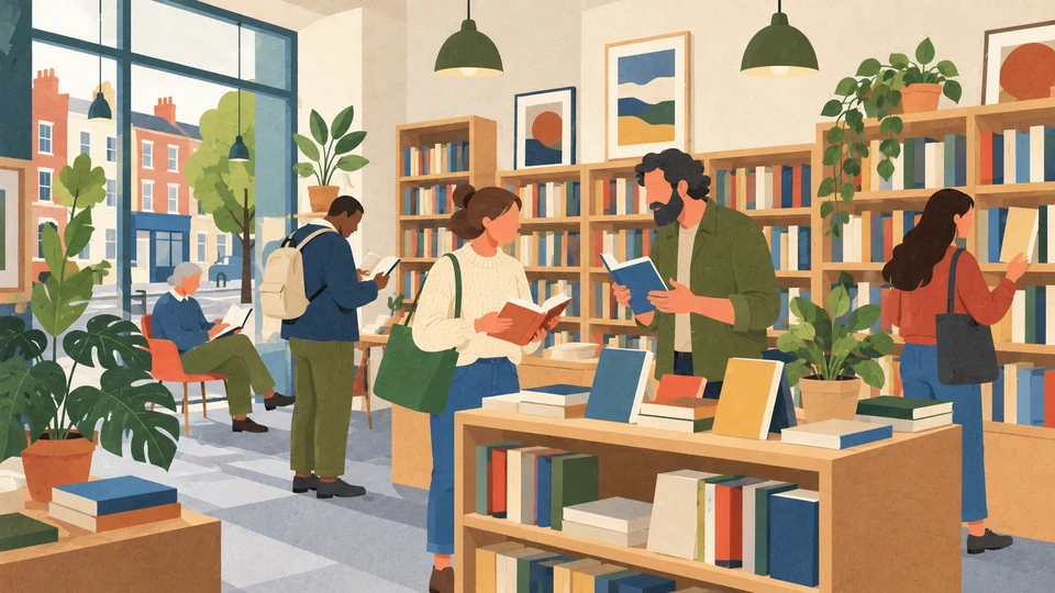 Readers browse books while a visitor speaks with a bookseller in a fictional Belfast Irish-language arts-centre bookshop.