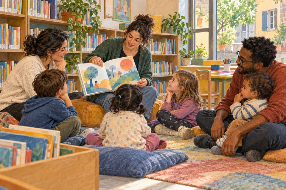 A volunteer shares a picture book with two caregivers and children in a small public library.