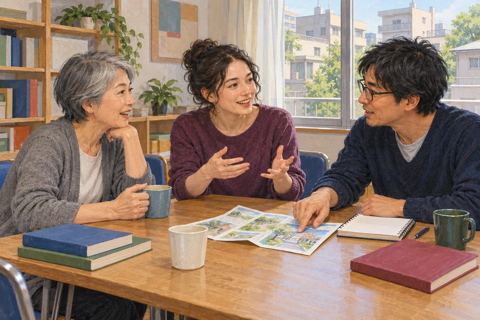 Three adults discuss a local outing around a table, with a folded leaflet and notebook in a community room in Japan.