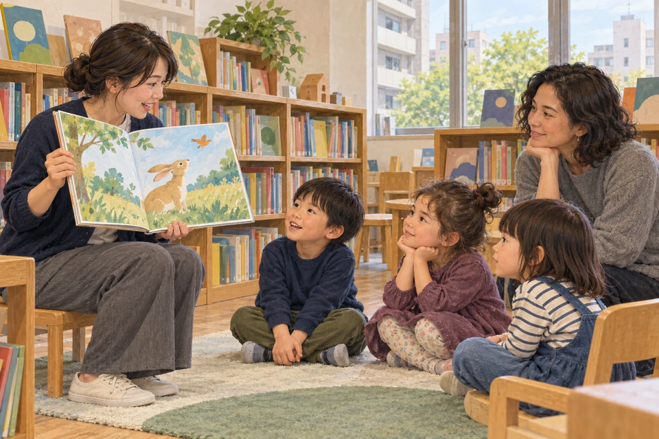 A librarian reads from an illustrated book to three children and an adult in a contemporary Osaka library story corner.