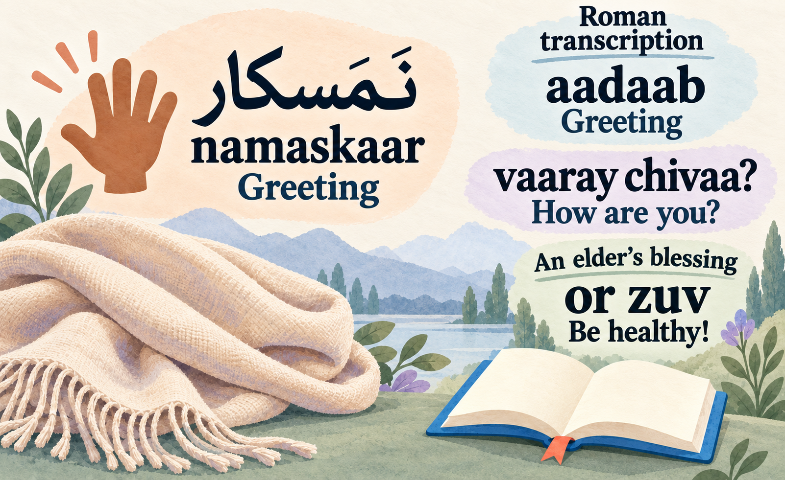 A soft illustrated fabric-and-book collage with a greeting hand, namaskaar in Perso-Arabic, and Roman greeting expressions with their meanings.