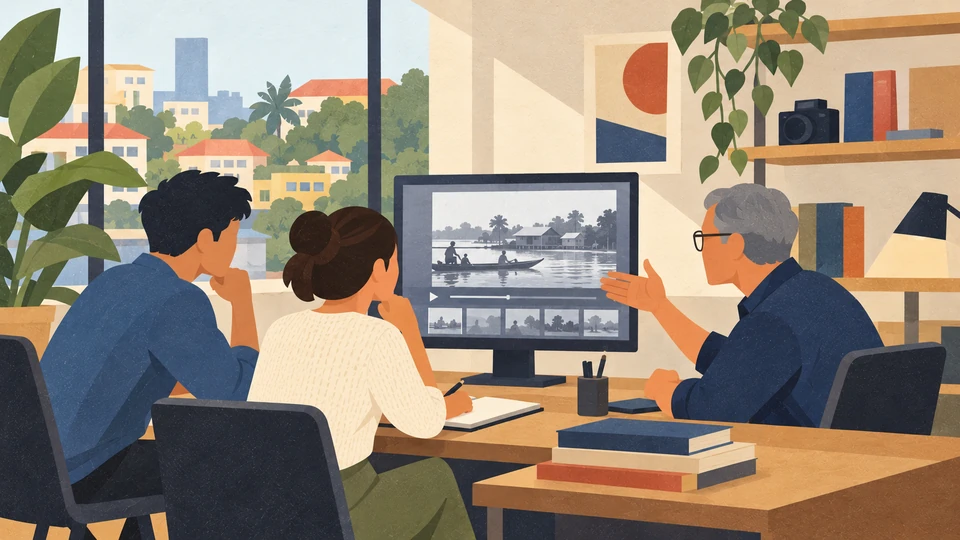 Three adults discuss documentary footage at a computer in a contemporary Phnom Penh media-study room.