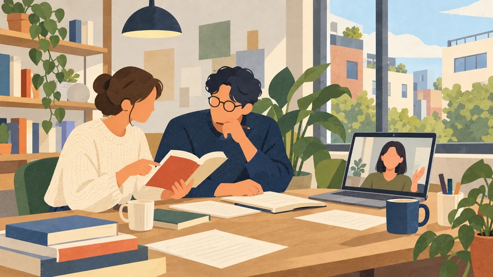 Two translators compare a book and notes while a colleague joins by laptop in a fictional Seoul workspace.