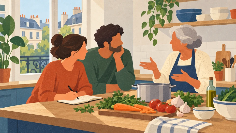 Three adults discuss a family recipe beside vegetables and a cooking pot in a fictional Paris apartment kitchen.
