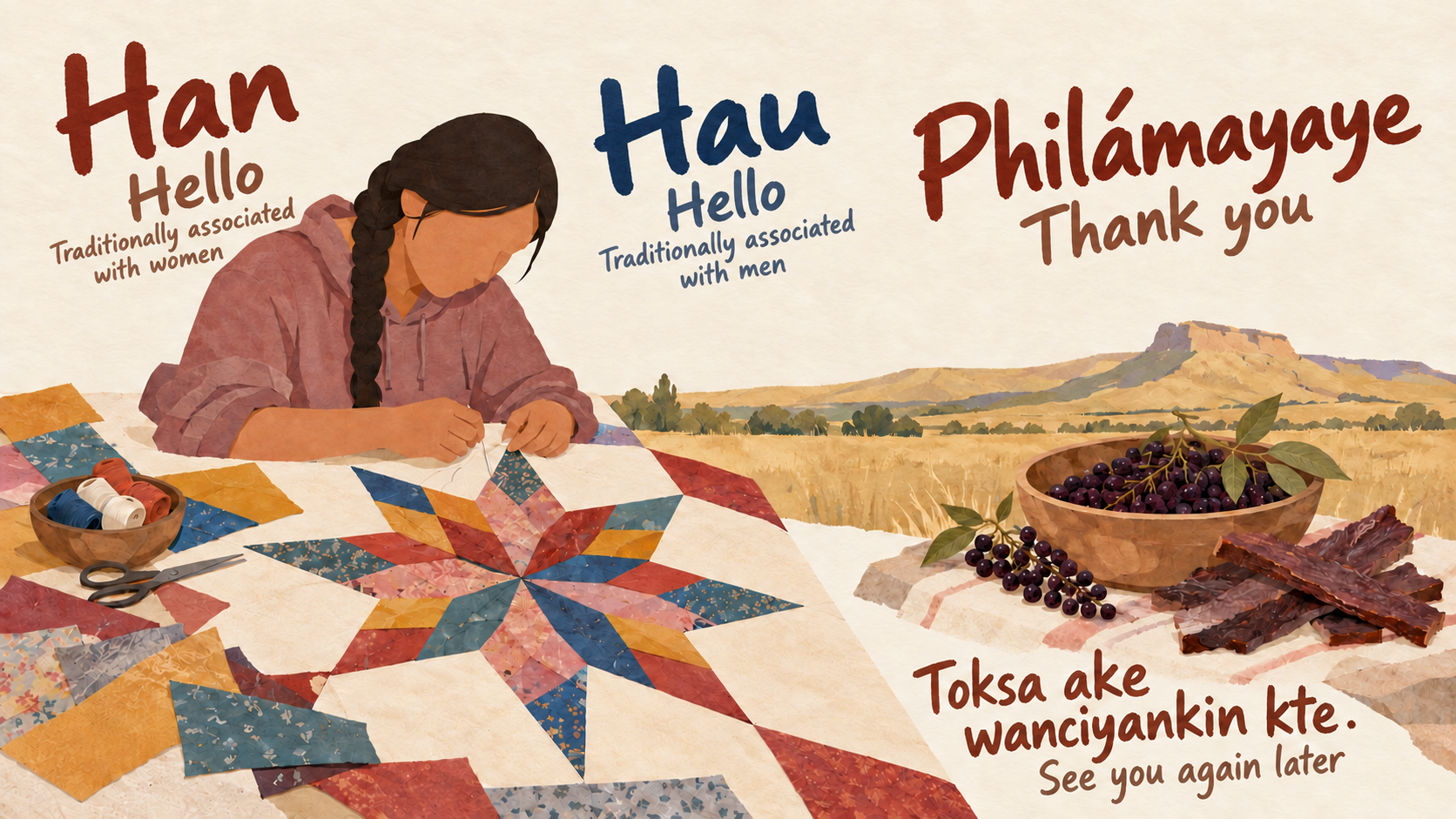 Representative Oglala Lakota cultural collage with a fictional contemporary quiltmaker sewing an original star patchwork quilt, beside small chokecherries on fruit racemes and plain dried meat, with prairie behind.