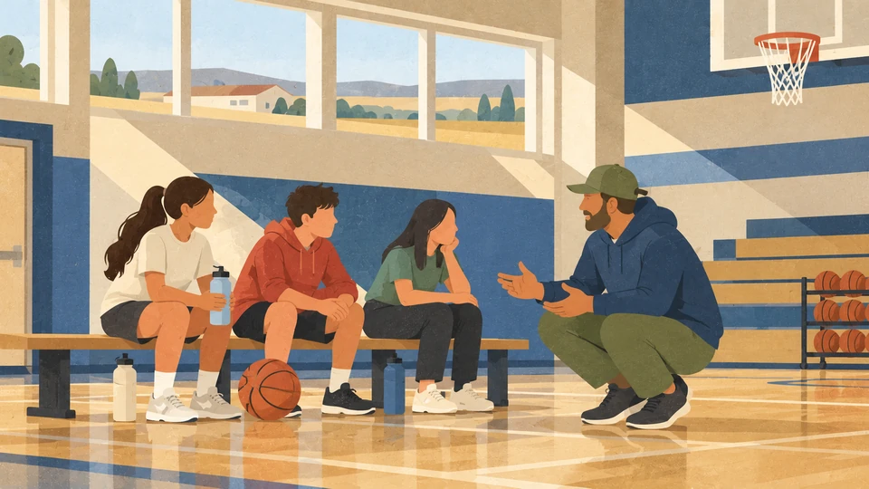 A coach talks with teenagers during a fictional sports-practice break in a Rosebud Reservation school gym.