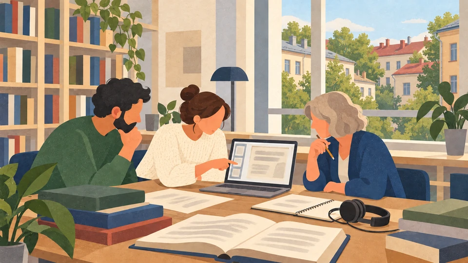 Three adults examine an indistinct document on a laptop beside books and notes in an imagined Riga library.