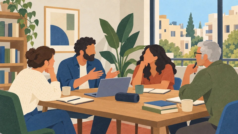 Four adults listen to and discuss a recording around a table in a contemporary study room in Beirut.