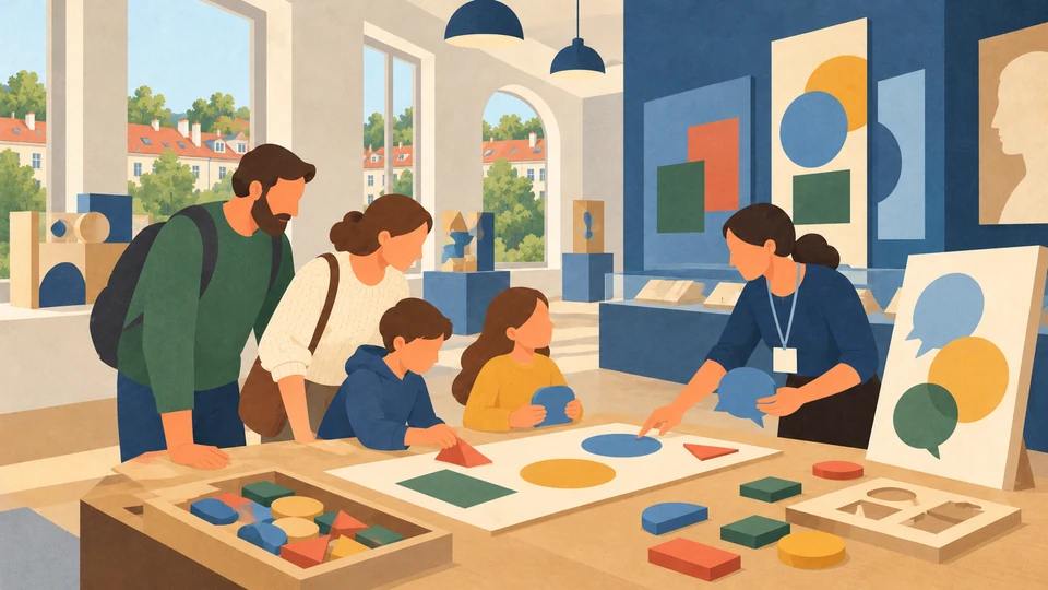 Adults and children explore a hands-on language activity with a facilitator in a contemporary museum in Vilnius.