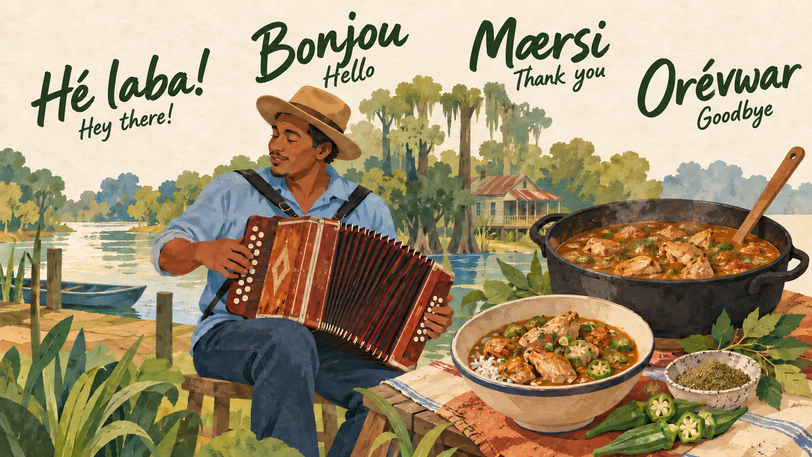 Representative editorial collage selecting southwest Louisiana accordion music and Cane River gumbo foodways. Regional vignettes, rather than one documented gathering or every Kouri-Vini speaker’s experience.