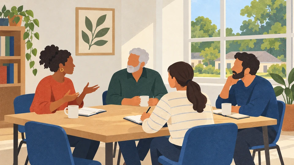 Four adults talk and take notes around a table in an imagined Port Allen community room, with leafy residential surroundings visible through a window.