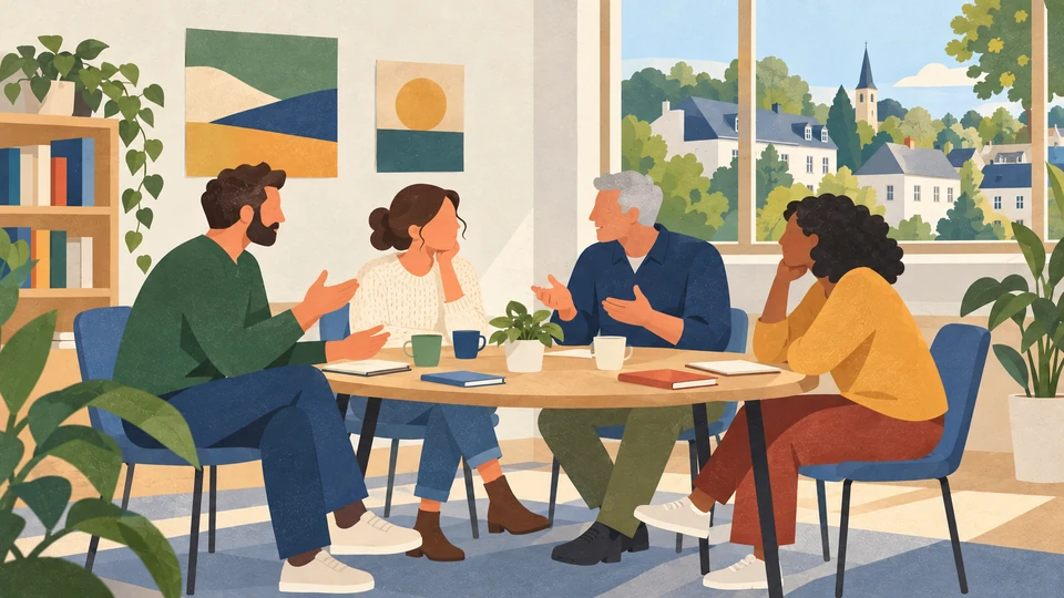 Four adults practise conversation around a table in a contemporary Walferdange community room.