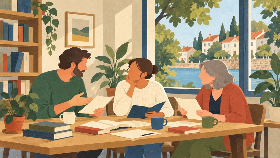 Three adults read and discuss a poetry book and notes together in a contemporary Struga reading room.