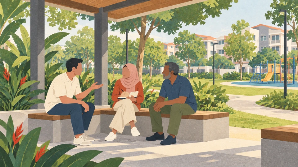 Three adults share and discuss a pantun poem beneath a covered pavilion in a Malaysian neighbourhood park.