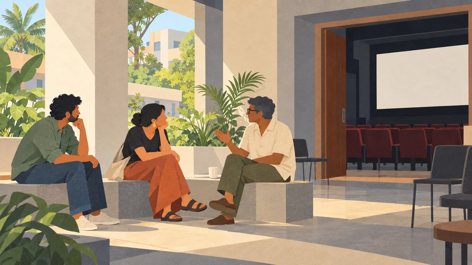 Three adults discuss a film in a contemporary screening venue in Thiruvananthapuram.