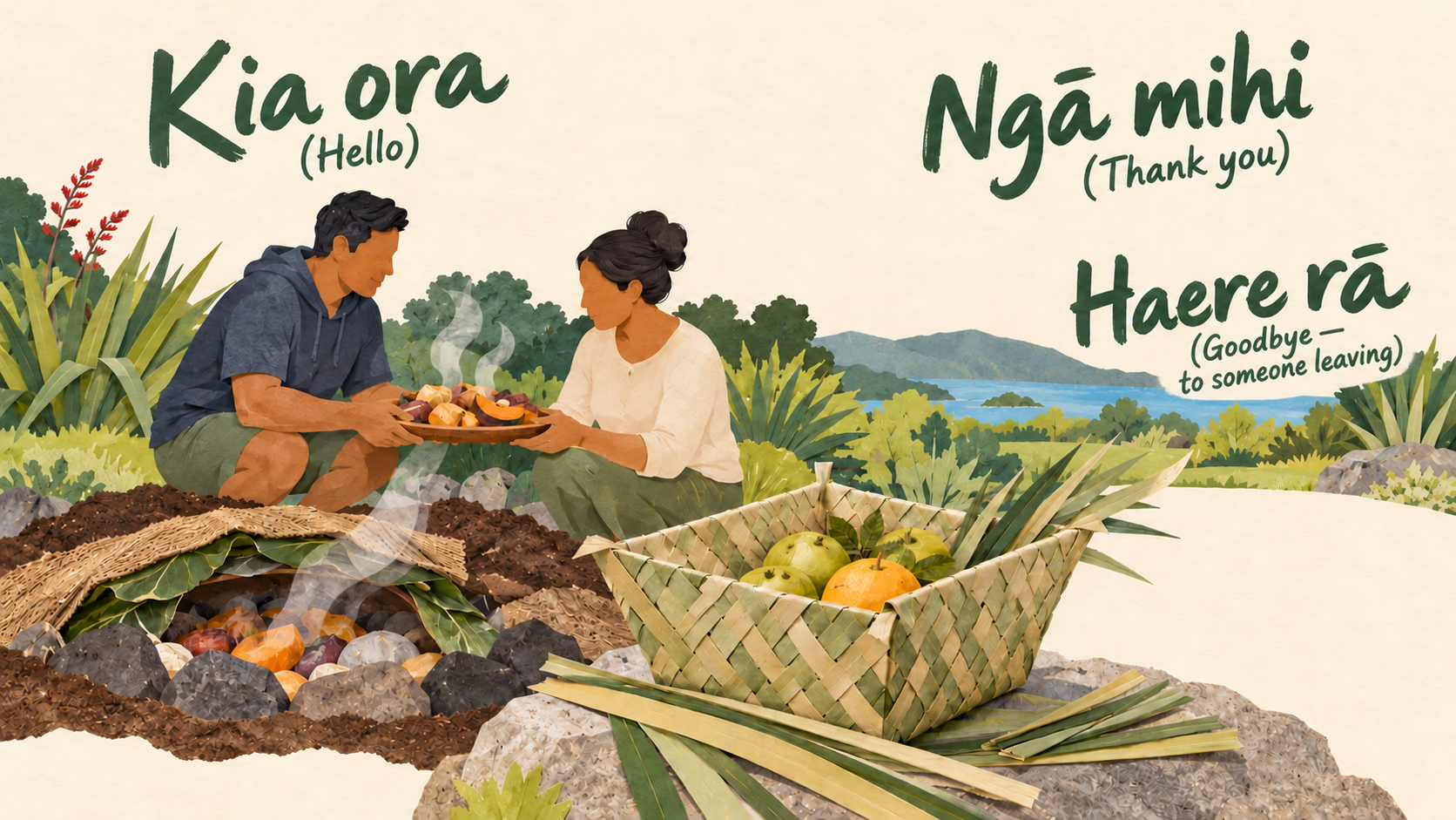 Representative Māori cultural collage of a fictional contemporary family sharing hāngī food, beside a plain harakeke kono fruit bowl.
