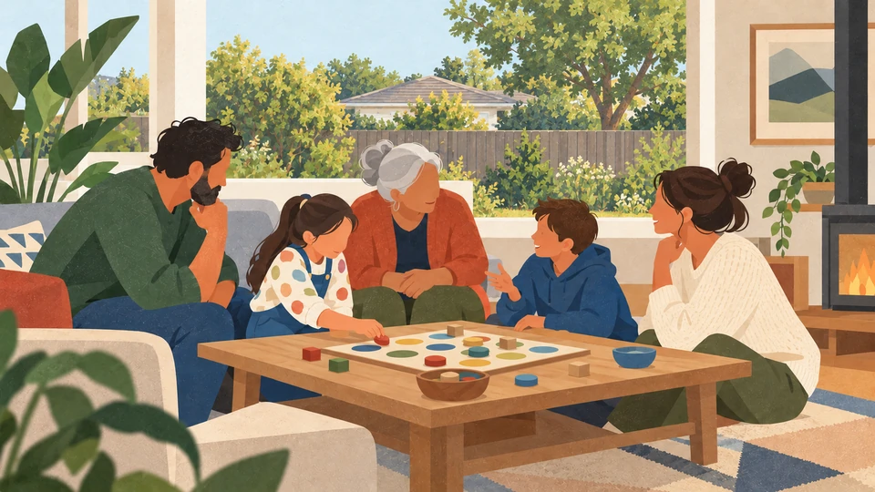 Adults and children talk while playing a game together in a contemporary home in Aotearoa New Zealand.