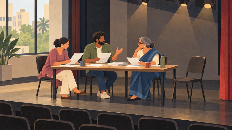 Three adults prepare a Marathi literary reading on a small contemporary Mumbai stage.