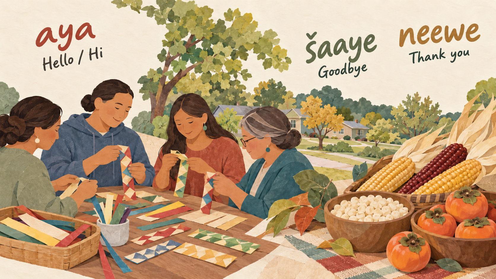 Representative editorial collage of public Myaamia ribbonwork-inspired bookmark making and corn, hominy and persimmons. Selected contemporary Myaamia context; fictional people.