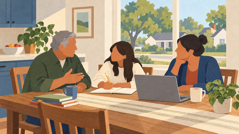 Two adults and a teenage learner share a laptop and notebook at a kitchen table in an imagined contemporary northeastern Oklahoma home.