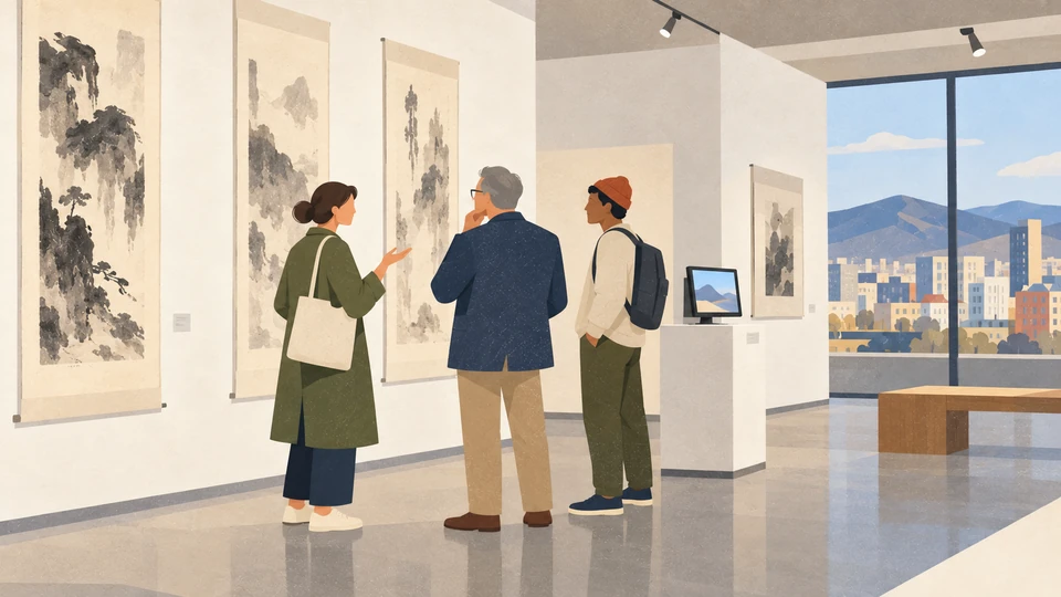 Three adults discuss ink-on-paper works and a digital display in a contemporary gallery in Ulaanbaatar.