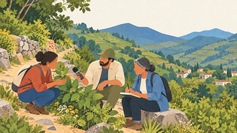 Three adults discuss plants and record observations beside a green hillside path in Puebla, Mexico.