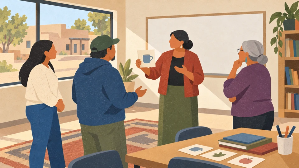 A facilitator holds a picture card while three adult learners practise conversation in a contemporary learning room in Tsaile, Arizona.