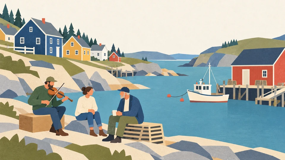 Editorial illustration of a Newfoundland coastal harbour, colourful houses and neighbours sharing music.