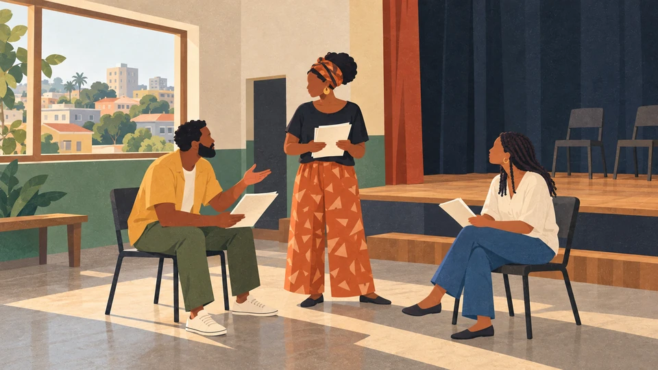 Three adults discuss scripts during a fictional theatre-reading rehearsal in a community arts room in Ibadan.
