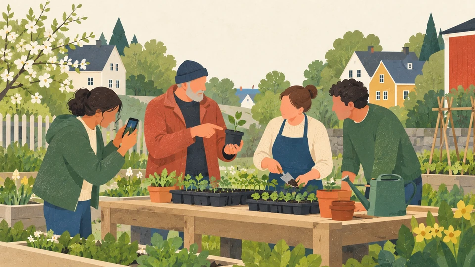 Adults discuss seedlings and photograph plants during a language-learning activity in a garden in Volda, Norway.