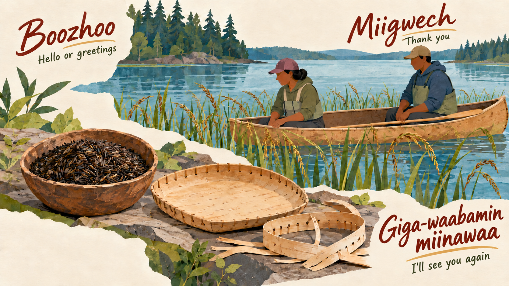 Representative Minnesota Ojibwe collage of manoomin wild rice, a birch-bark winnowing tray and two people resting in a canoe on a calm lake.
