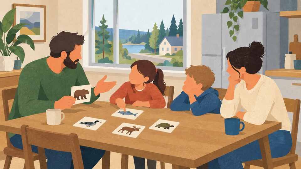 Two adults and two children use animal picture cards for a language game at a kitchen table in Fort Frances, Ontario.