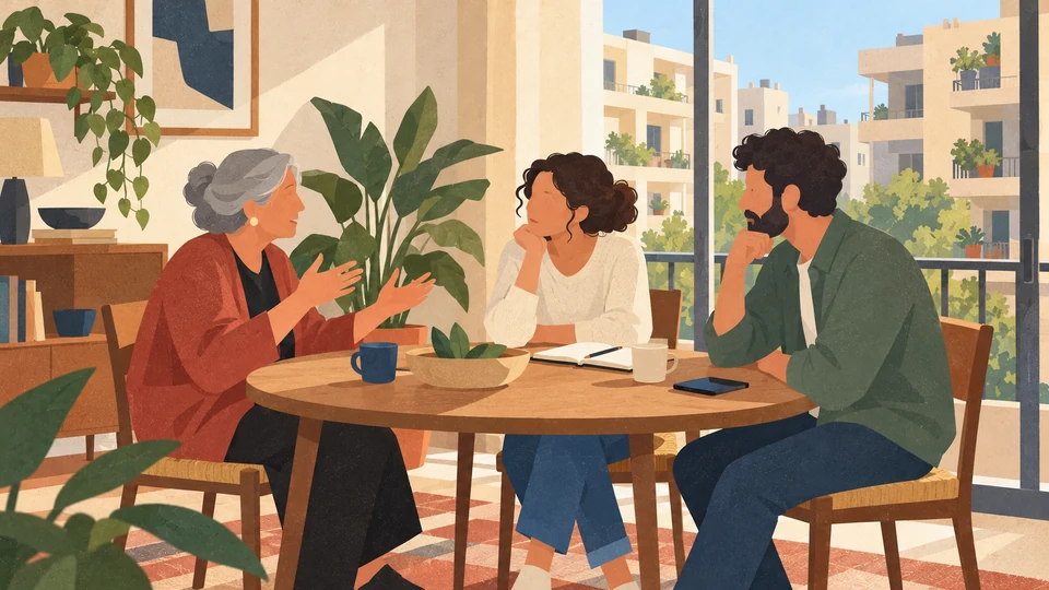 Three adults share a conversation and notes around a table in a Beirut apartment.