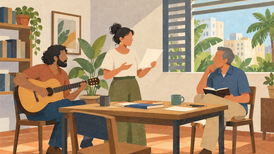Three adults rehearse a décima with notes and an acoustic guitar in a contemporary Panama City study room.