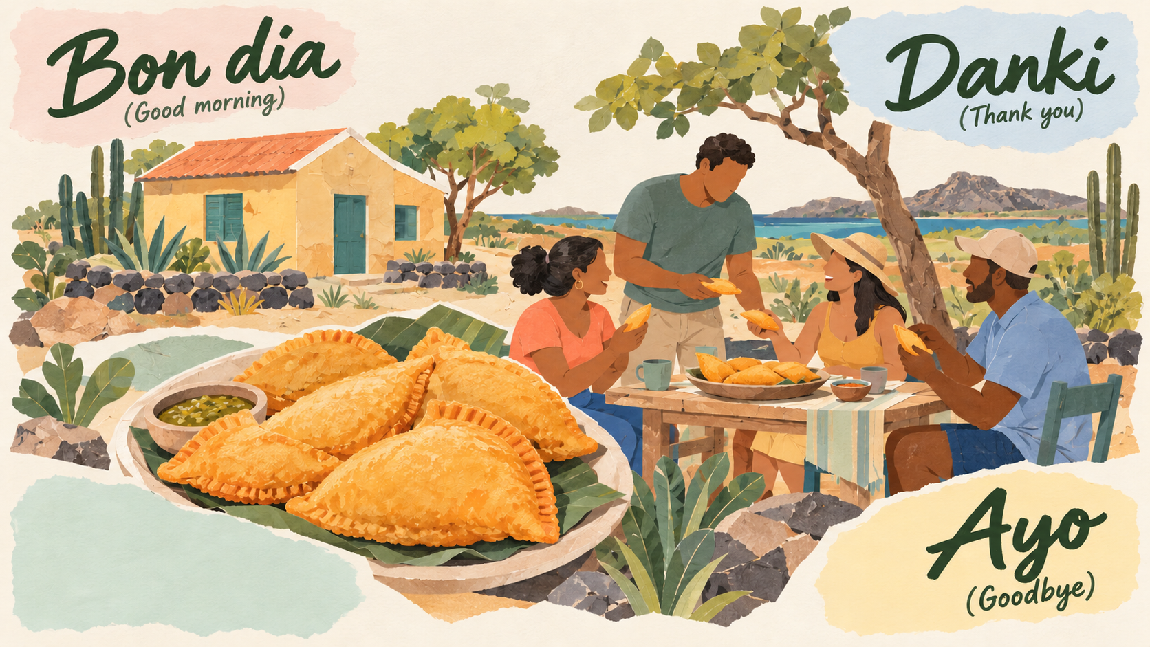 Representative Aruban collage of a modest cunucu house and neighbours sharing crescent-shaped pastechi.