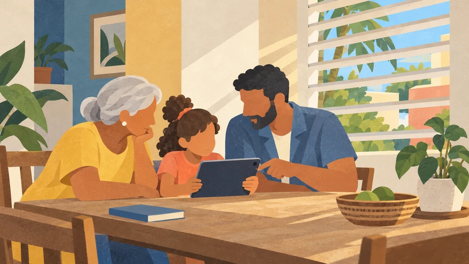 An older adult, a younger adult and a child share a digital story at a shaded table in an Oranjestad home.