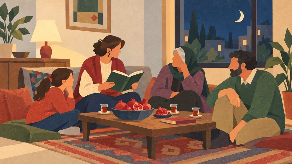 Family members share poetry beside a lamp and a bowl of pomegranates in a contemporary Iranian home on a Yalda evening.