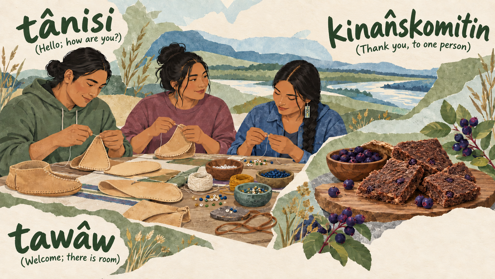 Representative Plains Cree collage of fictional contemporary adults making plain moccasins, with thread and beads, alongside pemmican and saskatoon berries.