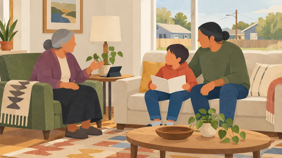 A child and two adults share a language-learning moment in a contemporary home in Maskwacîs, Alberta.