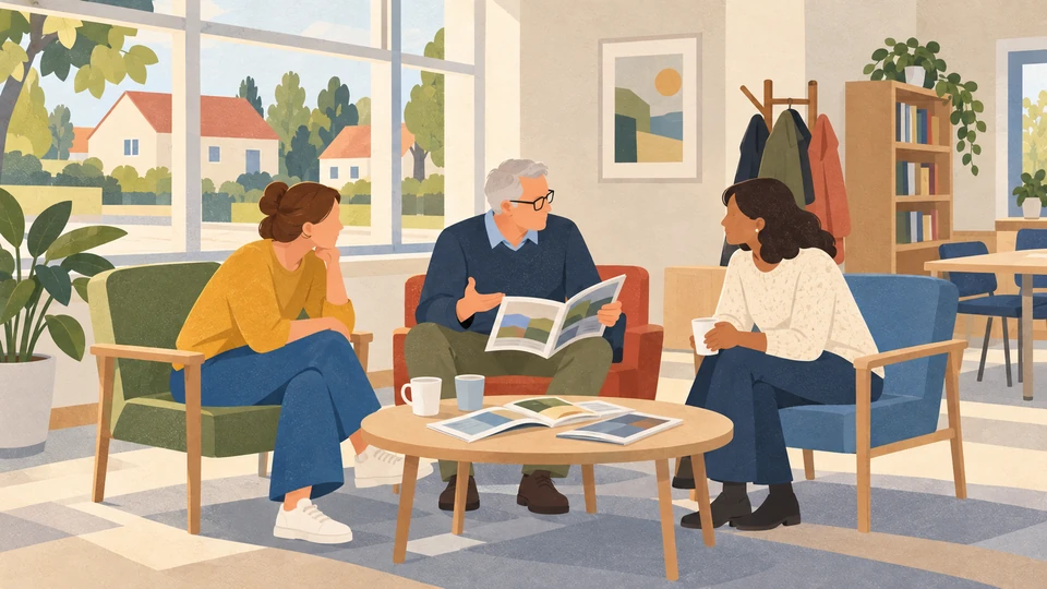 Three adults talk and browse reading material in a contemporary community room in Espelkamp, Germany.