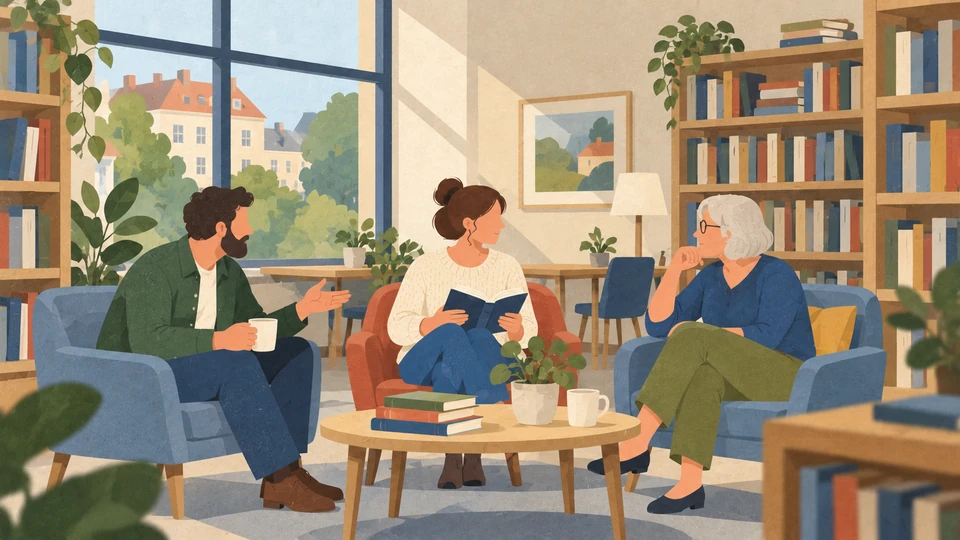 Three adults discuss a book around a table in an imagined Kraków library.