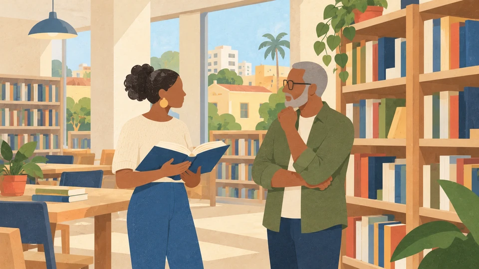 Two adults talk beside bookshelves in an imagined Maputo library, with an open book between them.