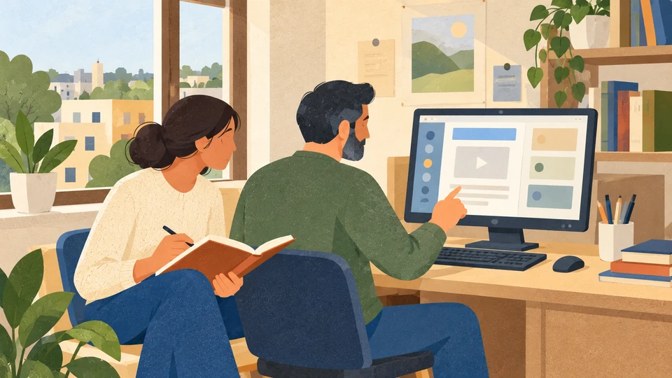 Two adults use a computer and notebook together in an imagined Patiala study room.