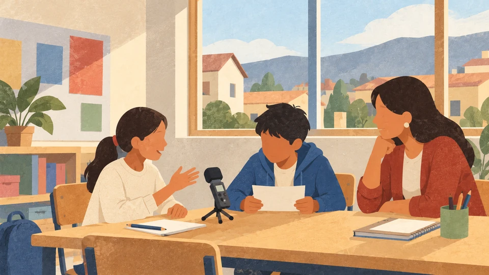 Two pupils and a teacher prepare a recording in an imagined classroom in Peru’s Cusco region.