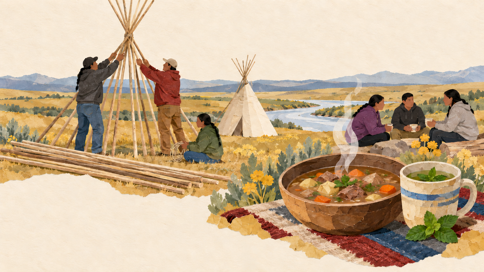 Representative Blackfoot collage with a fictional contemporary Siksika pole-preparation scene and an unpainted canvas tipi, beside a separate Kainai visiting-food vignette of meat soup and mint tea.