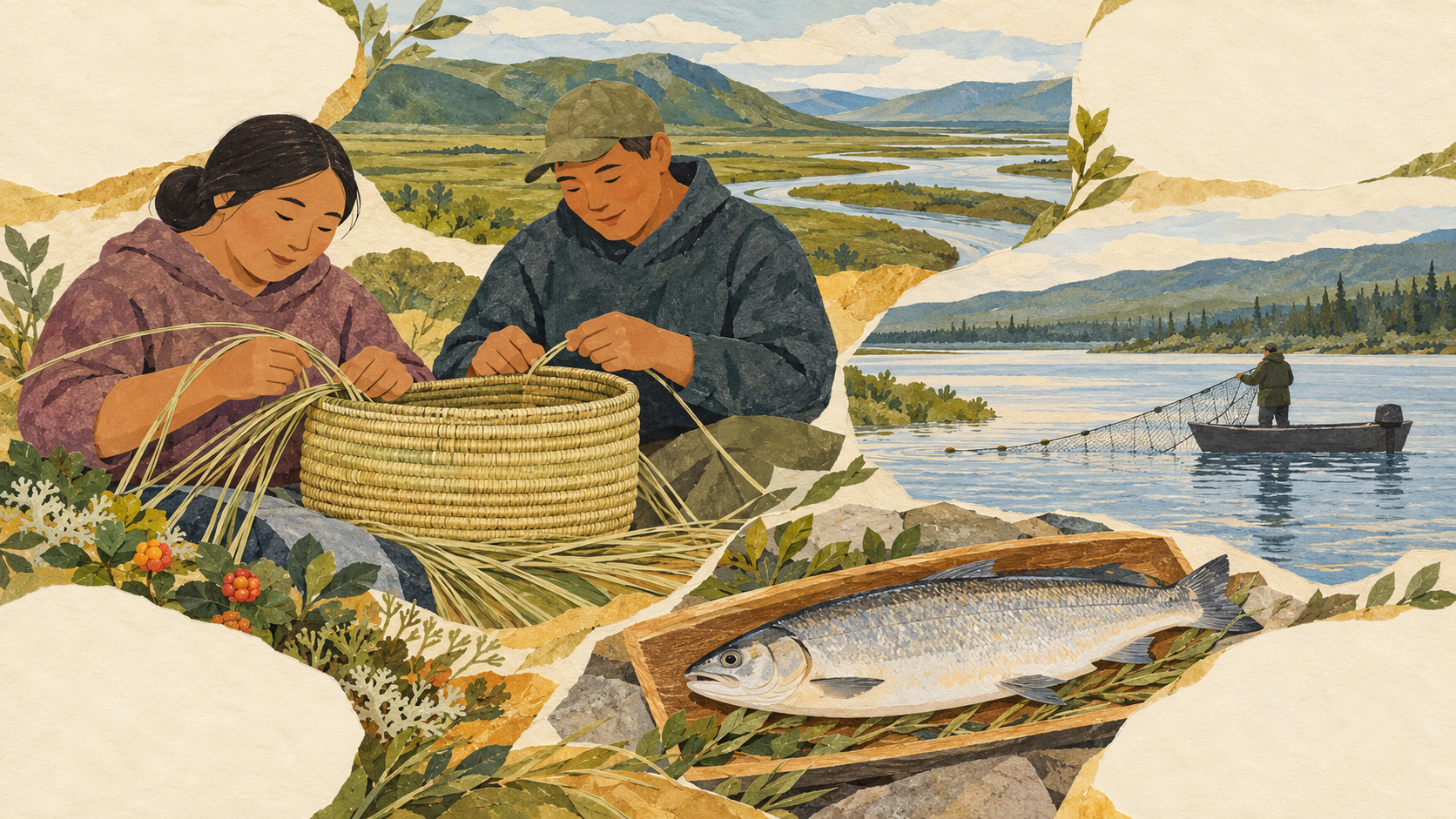 Representative Central Alaskan Yup’ik collage of fictional contemporary adults coiling a plain beachgrass basket, a whole whitefish and a small river-fishing vignette in an imagined Yukon–Kuskokwim setting.