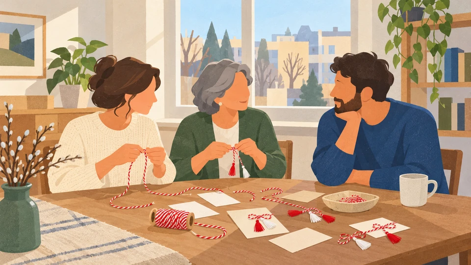 Three people talk while preparing red-and-white spring tokens in an imagined Chișinău home.