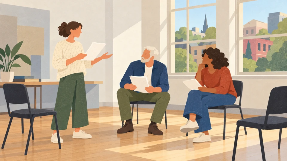 Three adults rehearse from scripts in an imagined community theatre room in Albany, New York.